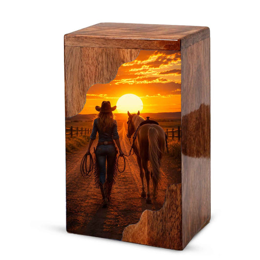 Western Wooden Cremation Urn – Cowboy Memorial Urn for Ashes | Sunset Horse Memorial Urn