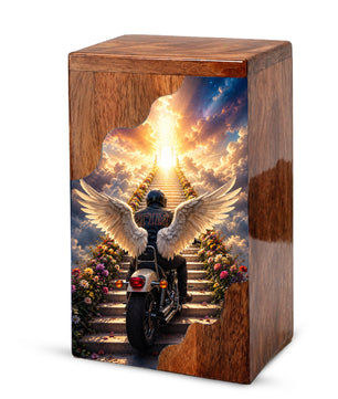 Motorcycle Heaven Wooden Cremation Urn – Ride Into Heaven Memorial Urn for Human Ashes