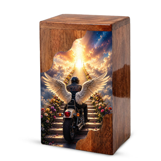 Motorcycle Heaven Wooden Cremation Urn – Ride Into Heaven Memorial Urn for Human Ashes