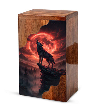Wooden Cremation Urn – Red Moon Wolf Memorial Urn | Custom Wooden Memorial Urn for Dad
