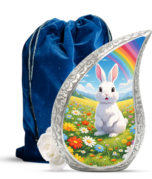 Personalized Rabbit Cremation Urn – Rainbow Meadow Teardrop Memorial Urn, 10 Inch Aluminum