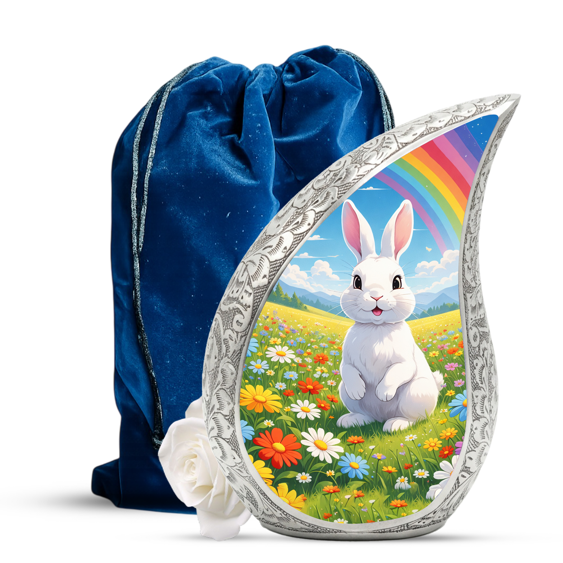 Personalized Rabbit Cremation Urn – Rainbow Meadow Teardrop Memorial Urn, 10 Inch Aluminum