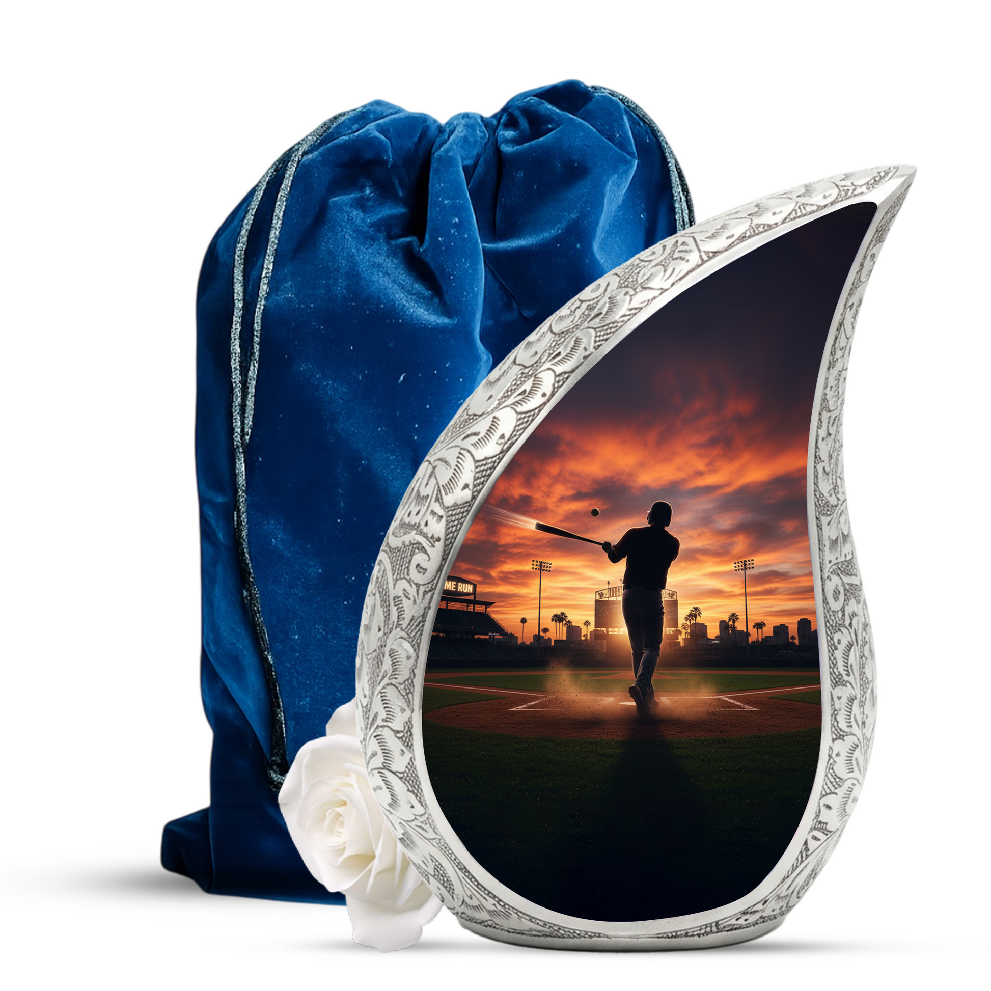 Baseball Player Memorial Urn | Personalized Cremation Urn for Dad | Sunset Baseball Memorial for Ashes