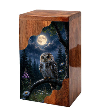 Owl Wooden Cremation Urn – Moonlit Memorial Urn | Wooden Urn for Human Ashes