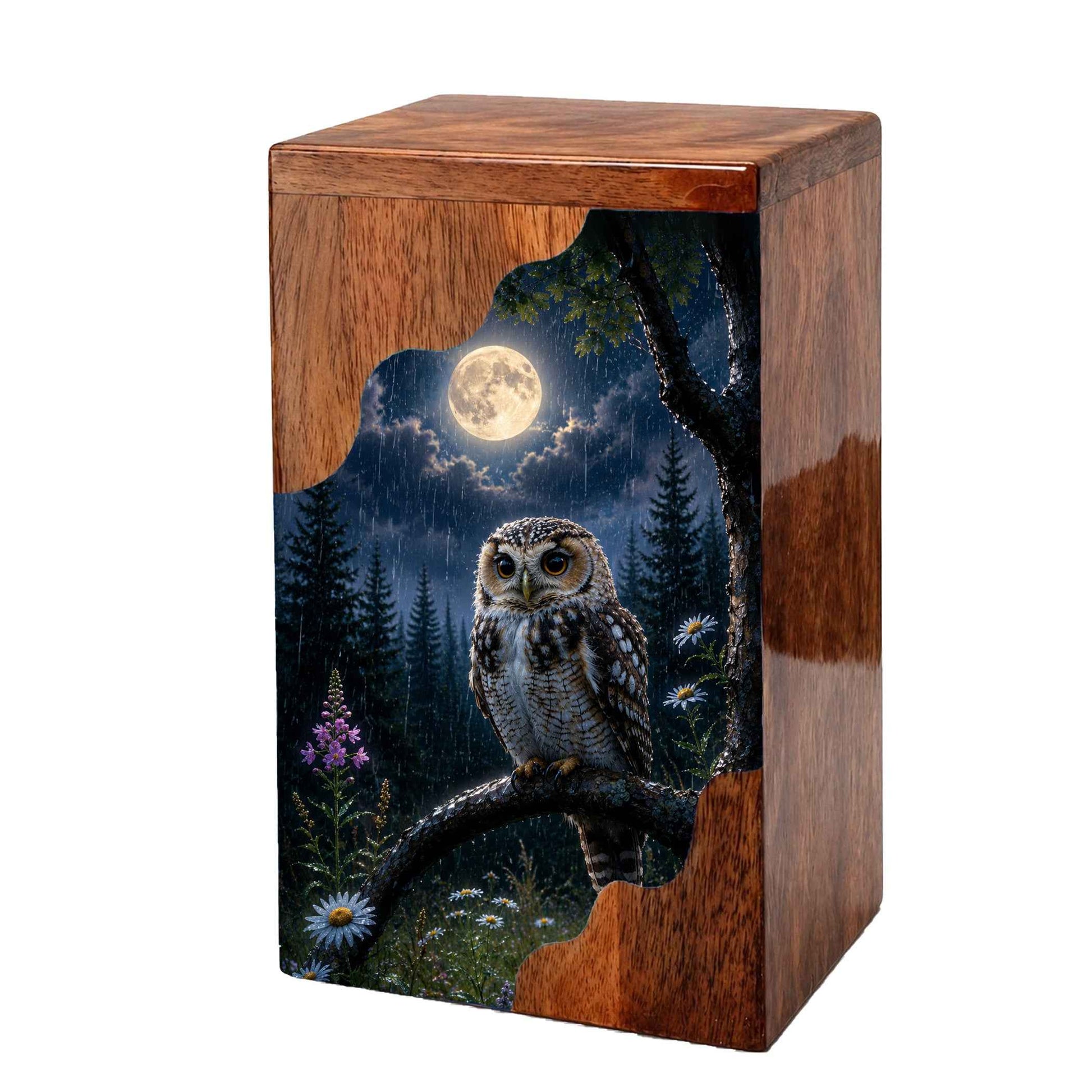 Owl Wooden Cremation Urn – Moonlit Memorial Urn | Wooden Urn for Human Ashes