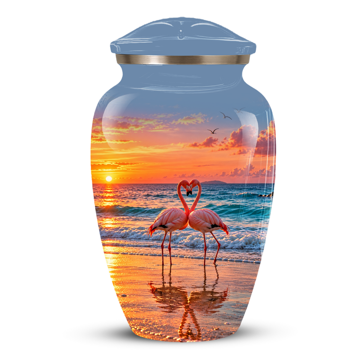 Flamingo Cremation Urn for Ashes, Romantic Beach Sunset Design, Custom Urn for Loved Ones