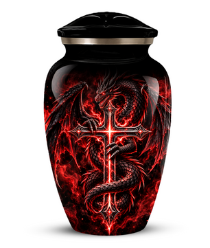 Red Dragon Cremation Urn – Dragon & Cross Adult Memorial Urn for Ashes