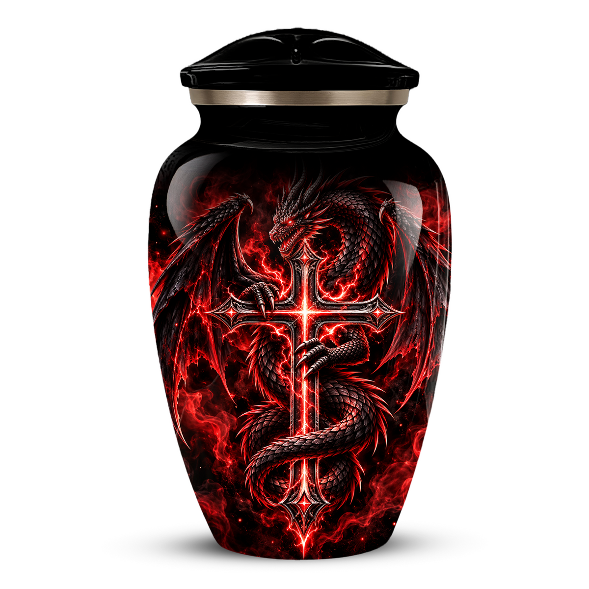 Red Dragon Cremation Urn – Dragon & Cross Adult Memorial Urn for Ashes