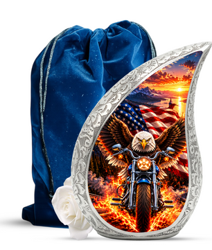Patriotic Eagle Motorcycle Urn for Human Ashes, American Flag Adult Cremation Urn