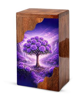 Purple Rose Tree Wooden Cremation Urn – Floral Memorial Urn with Tree of Life