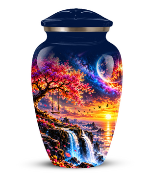 Personalized Adult Cremation Urn for Ashes, Custom Memorial Urn, Fantasy Sunset Waterfall and Cherry Blossom Design