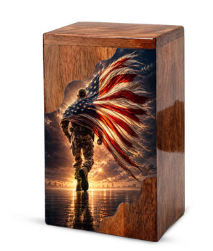 Military Wooden Cremation Urn – Patriotic Memorial Urn for Human Ashes