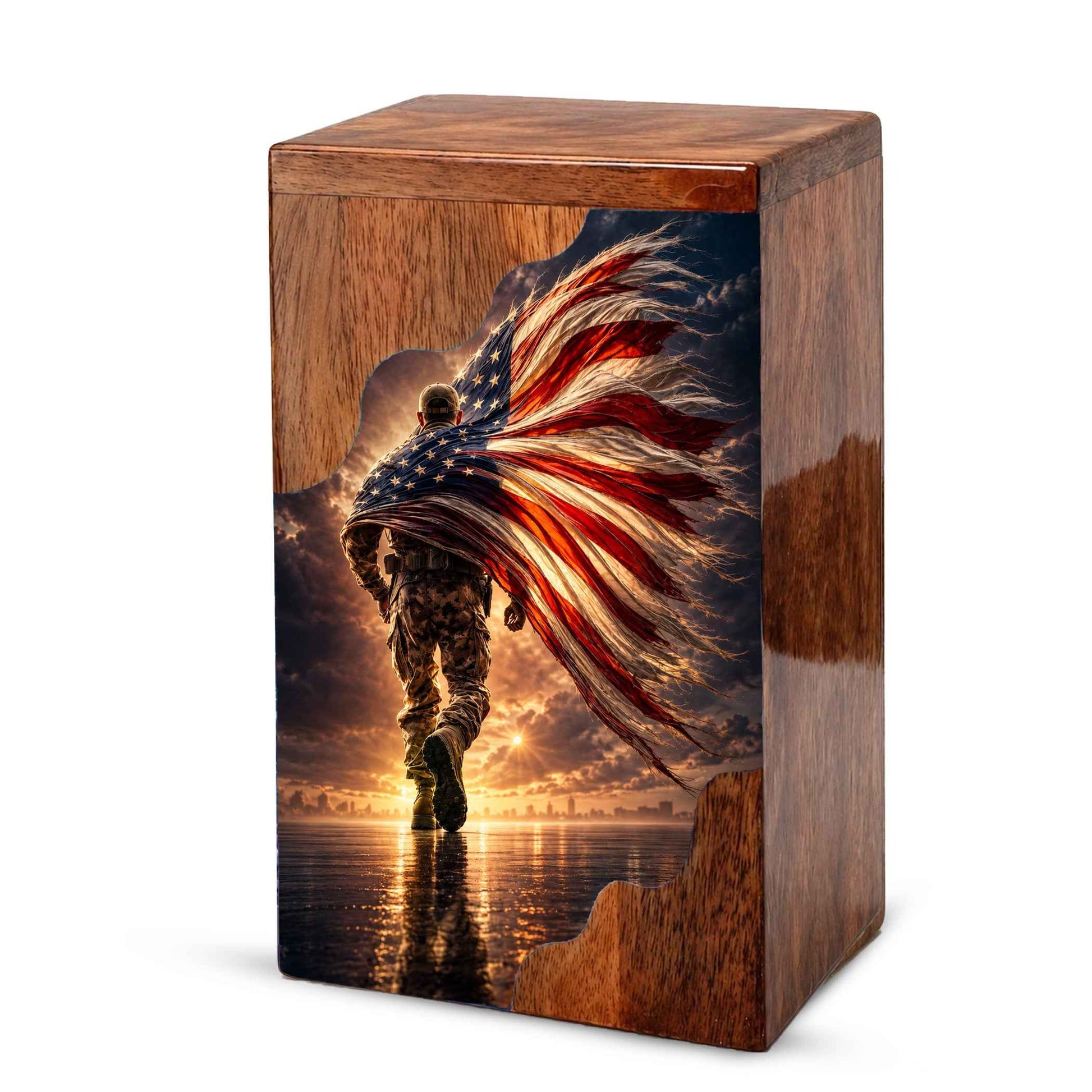 Military Wooden Cremation Urn – Patriotic Memorial Urn for Human Ashes