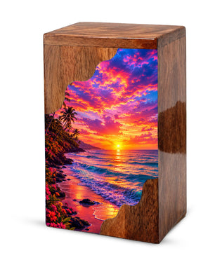 Sunset Beach Wooden Cremation Urn – Ocean Sunset Memorial Urn for Human Ashes