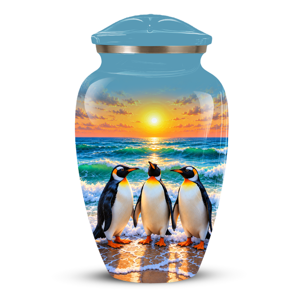 , Penguin Beach Sunset Memorial Urn, Ocean-Themed Urn for Human Ashes