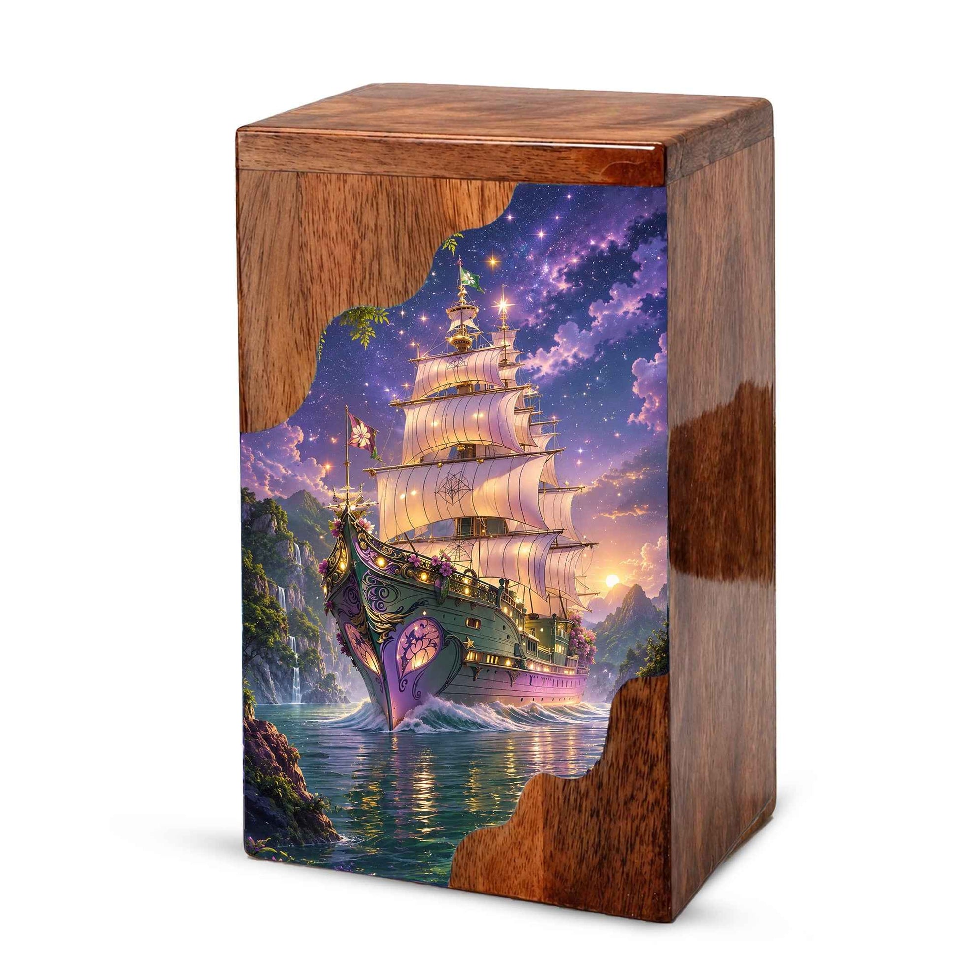 Wooden Cremation Urn for Human Ashes, Sailing Ship Memorial Urn, Adult Cremation Urn