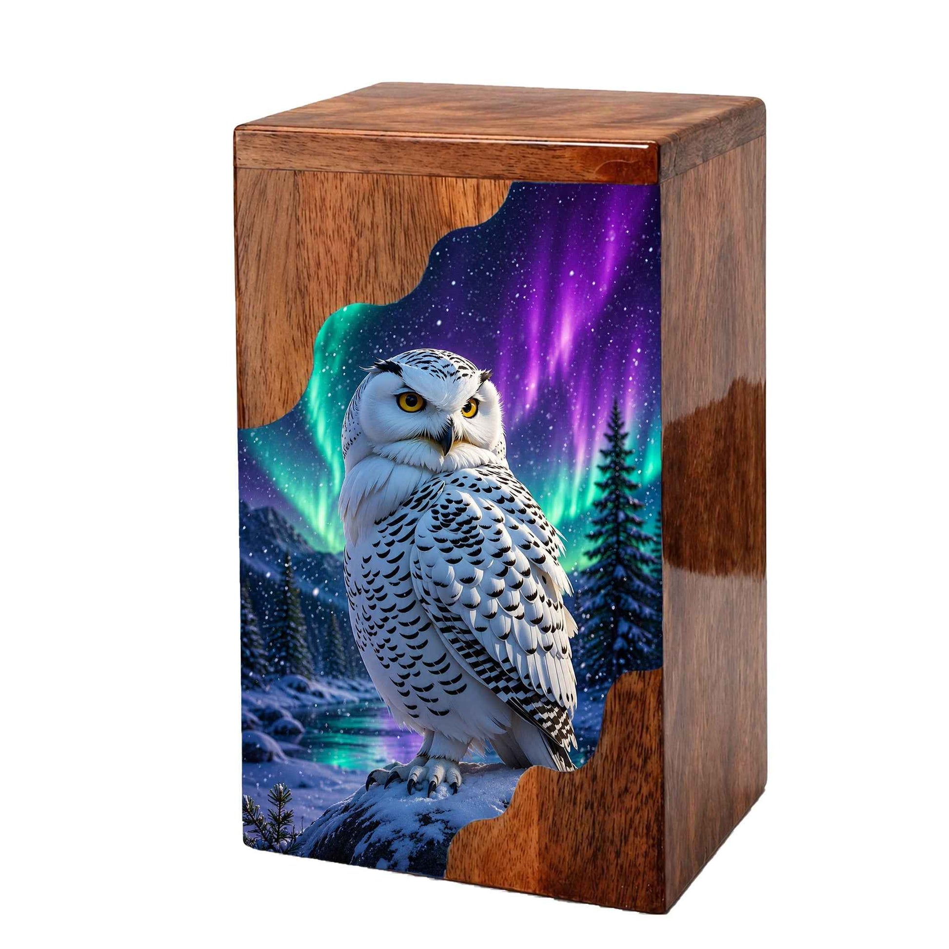 Snowy Owl Wooden Cremation Urn – Aurora Memorial Urn | Wooden Urn for Human Ashes
