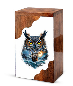 Owl Wooden Cremation Urn – Moonlit Owl Memorial Urn with Ocean Ship Artwork