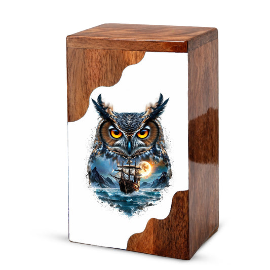 Owl Wooden Cremation Urn – Moonlit Owl Memorial Urn with Ocean Ship Artwork