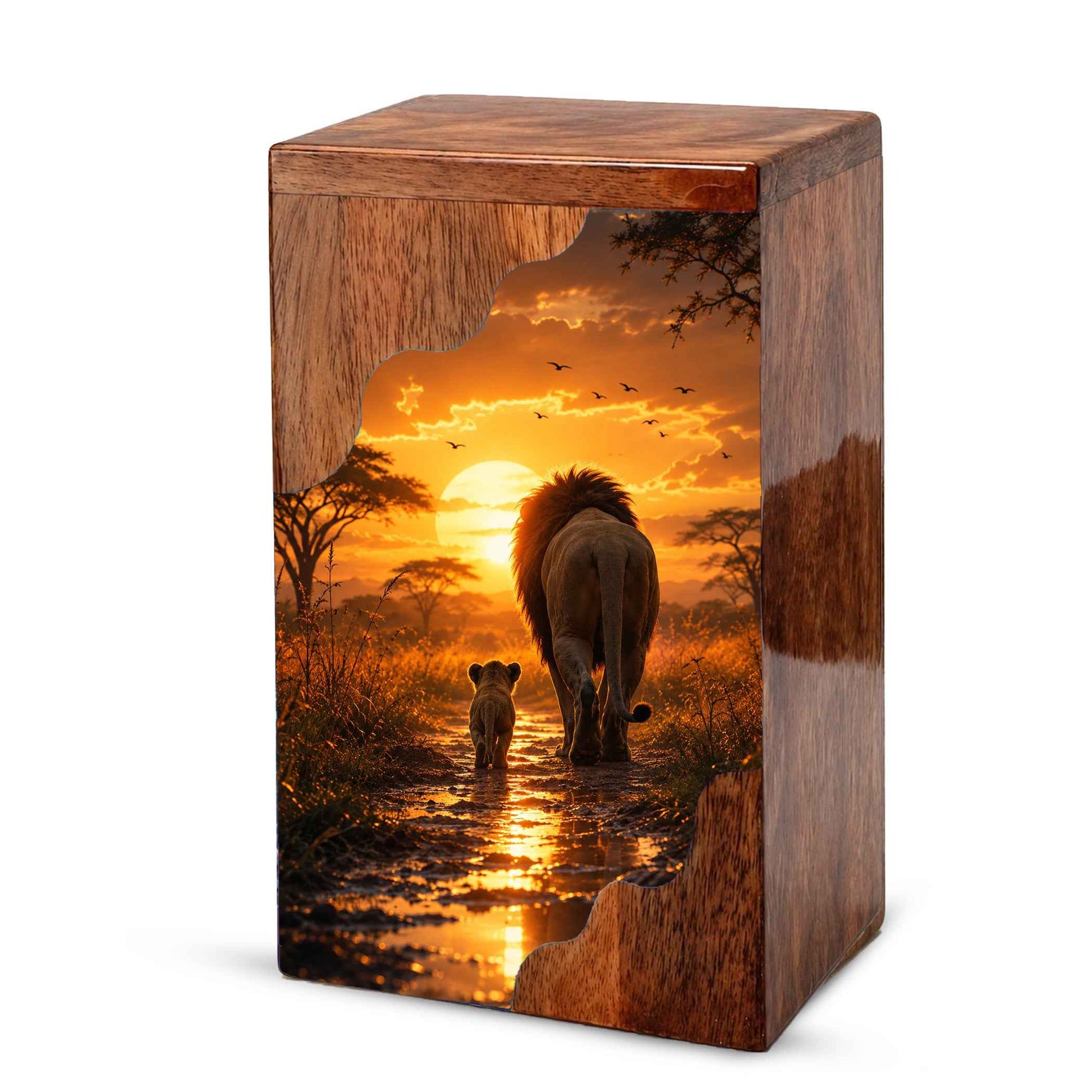Lion Wooden Cremation Urn for Dad | Personalized Wooden Urn for Human Ashes