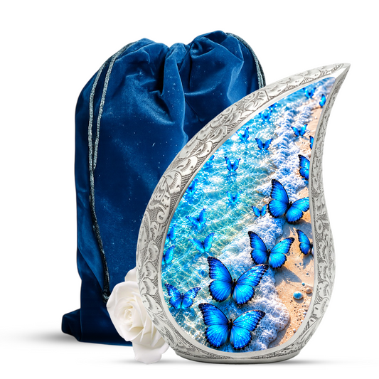 Blue Butterfly Cremation Urn for Adult Ashes, Beach Memorial Urn, Ocean Butterfly Urn for Ashes