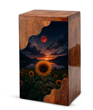 Sunflower Wooden Cremation Urn for Mom | Personalized Wooden Urn for Human Ashes | Red Moon Memorial Urn