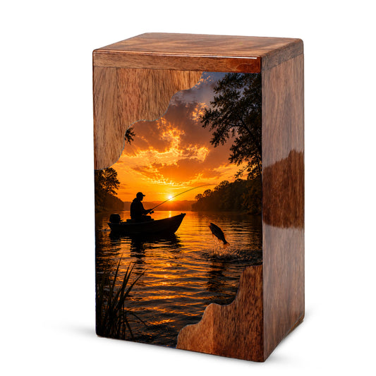 Fishing Urn for Dad | Handmade Wooden Cremation Urn | Gone Fishing Memorial Urn