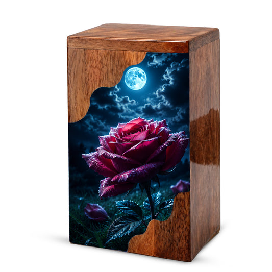Moonlit Rose Wooden Cremation Urn – Rose Memorial Urn for Human Ashes