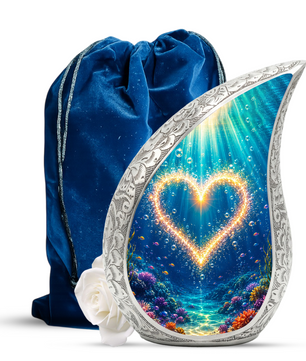 Ocean Heart Memorial Urn for Mom – Personalized Cremation Urn for Human Ashes | Underwater Heart Keepsake Urn for Women