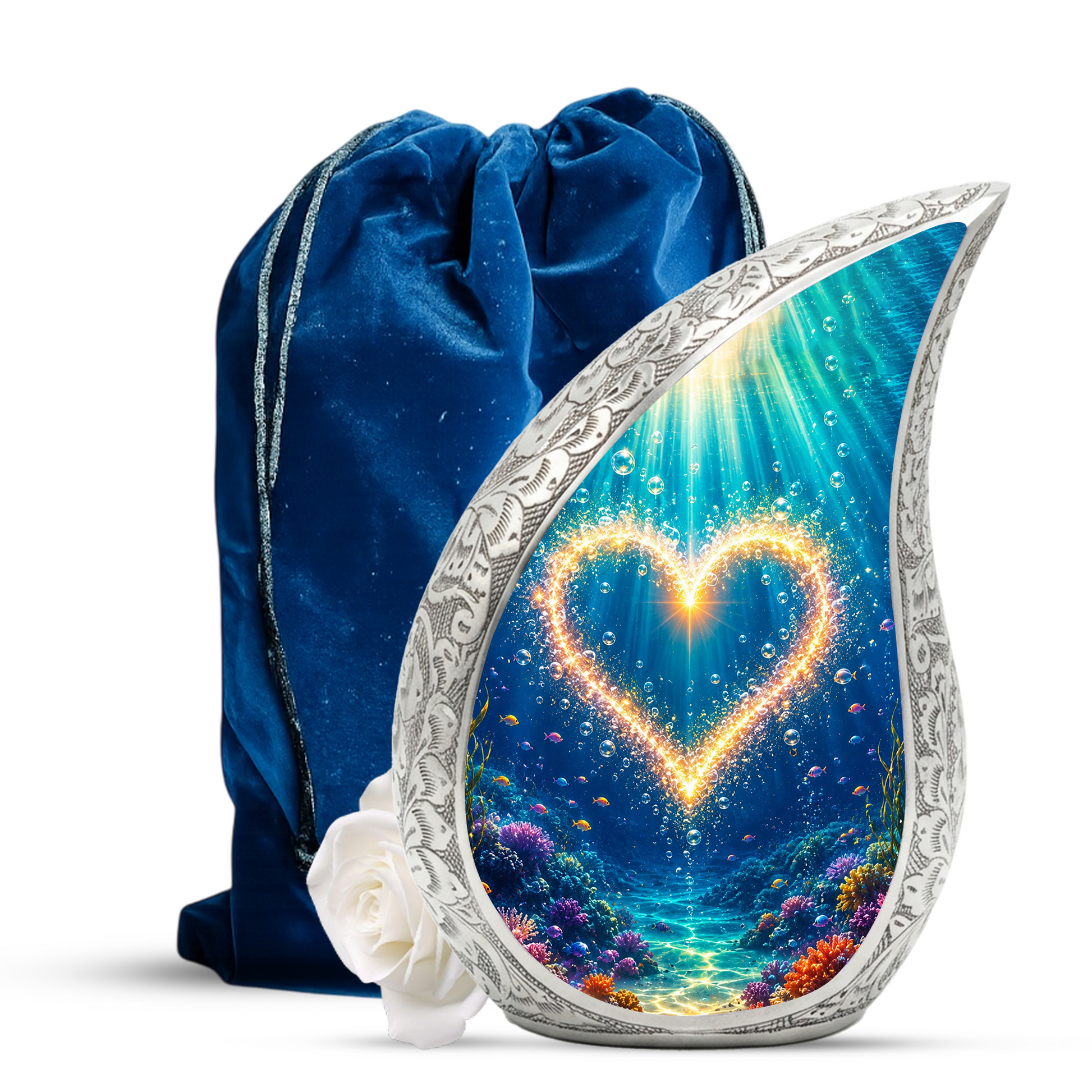 Ocean Heart Memorial Urn for Mom – Personalized Cremation Urn for Human Ashes | Underwater Heart Keepsake Urn for Women