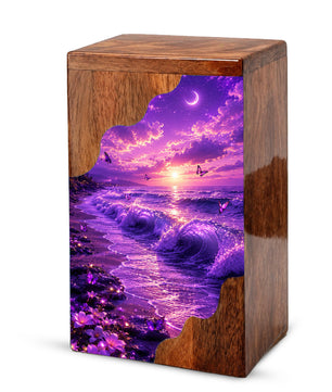 Moonlit Ocean Butterfly Wooden Cremation Urn – Beach Theme Wooden Urn for Human Ashes