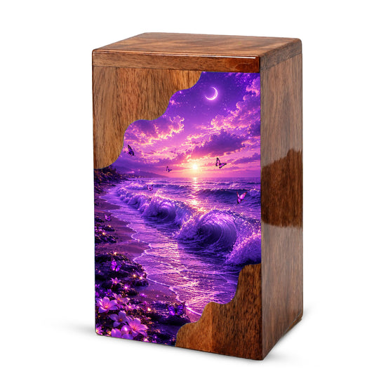 Moonlit Ocean Butterfly Wooden Cremation Urn – Beach Theme Wooden Urn for Human Ashes