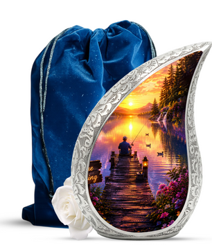 Woodland Lake Fishing Urn for Human Ashes – Nature Scene Cremation Urn with Mountain Lake, Fishing & Sunset