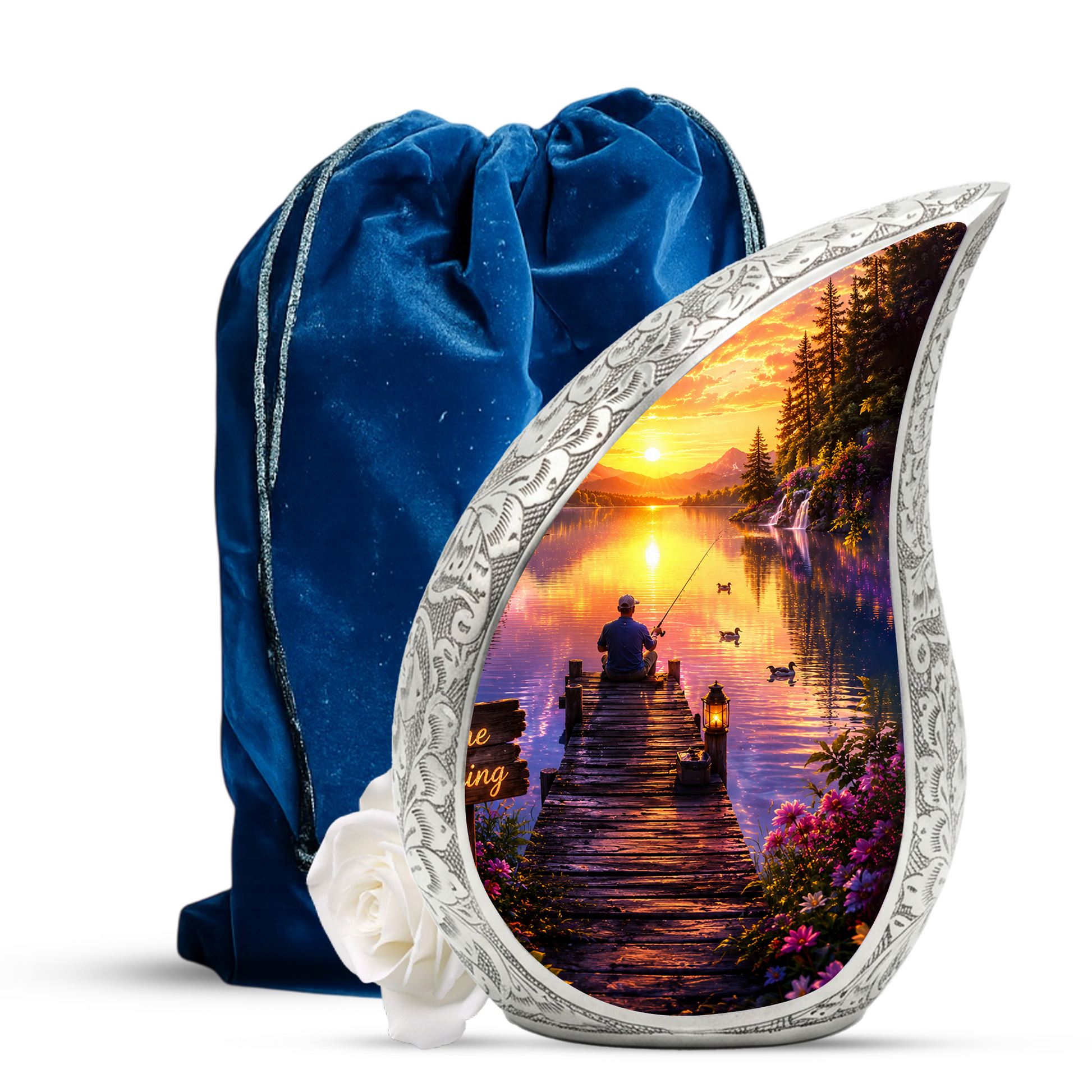 Woodland Lake Fishing Urn for Human Ashes – Nature Scene Cremation Urn with Mountain Lake, Fishing & Sunset
