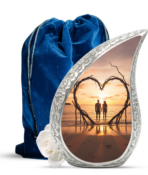 Couple Love Sunset Personalized Cremation Urn – Teardrop Aluminum Memorial Urn, 10 Inch