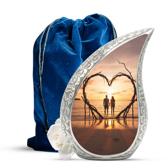 Couple Love Sunset Personalized Cremation Urn – Teardrop Aluminum Memorial Urn, 10 Inch