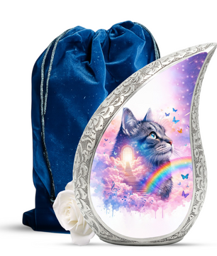 Personalized Cat Cremation Urn – Custom Cat Memorial Urn for Ashes, Rainbow Bridge Pet Urn, Teardrop Aluminum Cat Urn, 10 Inch