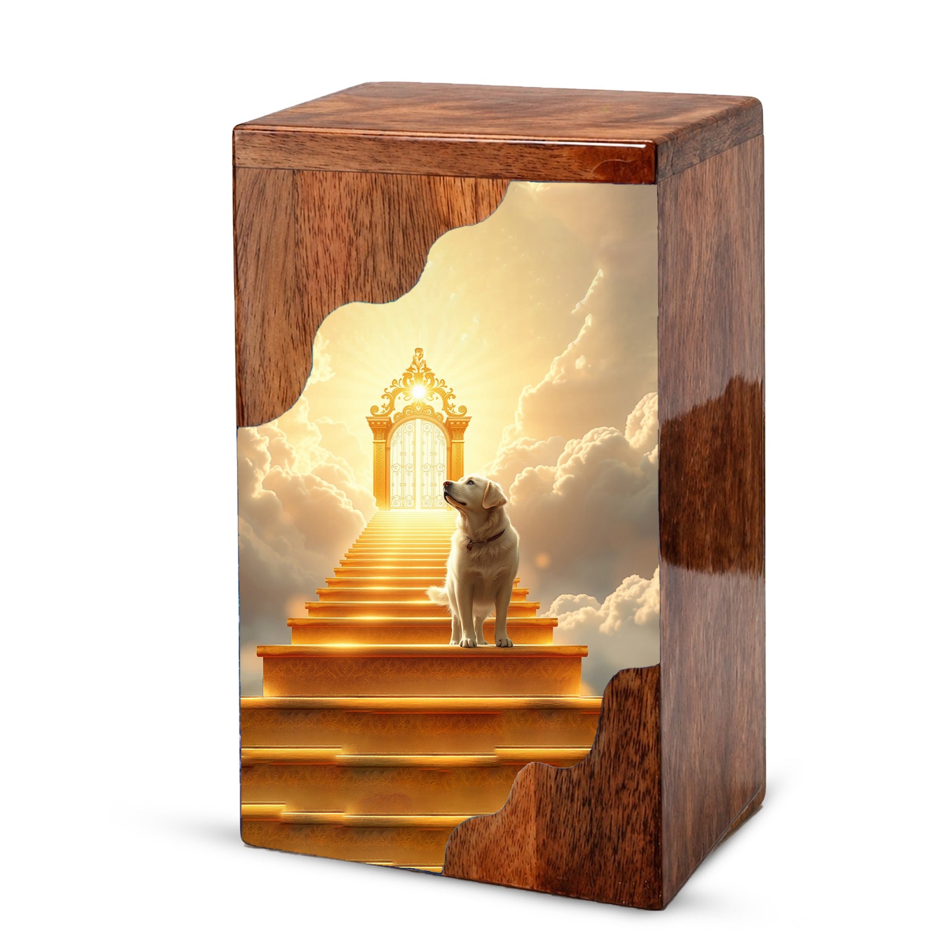 Dog Wooden Cremation Urn – Custom Pet Memorial Urn with Heavenly Dog