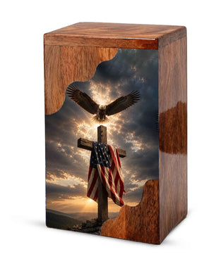 Christian Cross Wooden Cremation Urn for Human Ashes | Patriotic Religious Memorial Urn