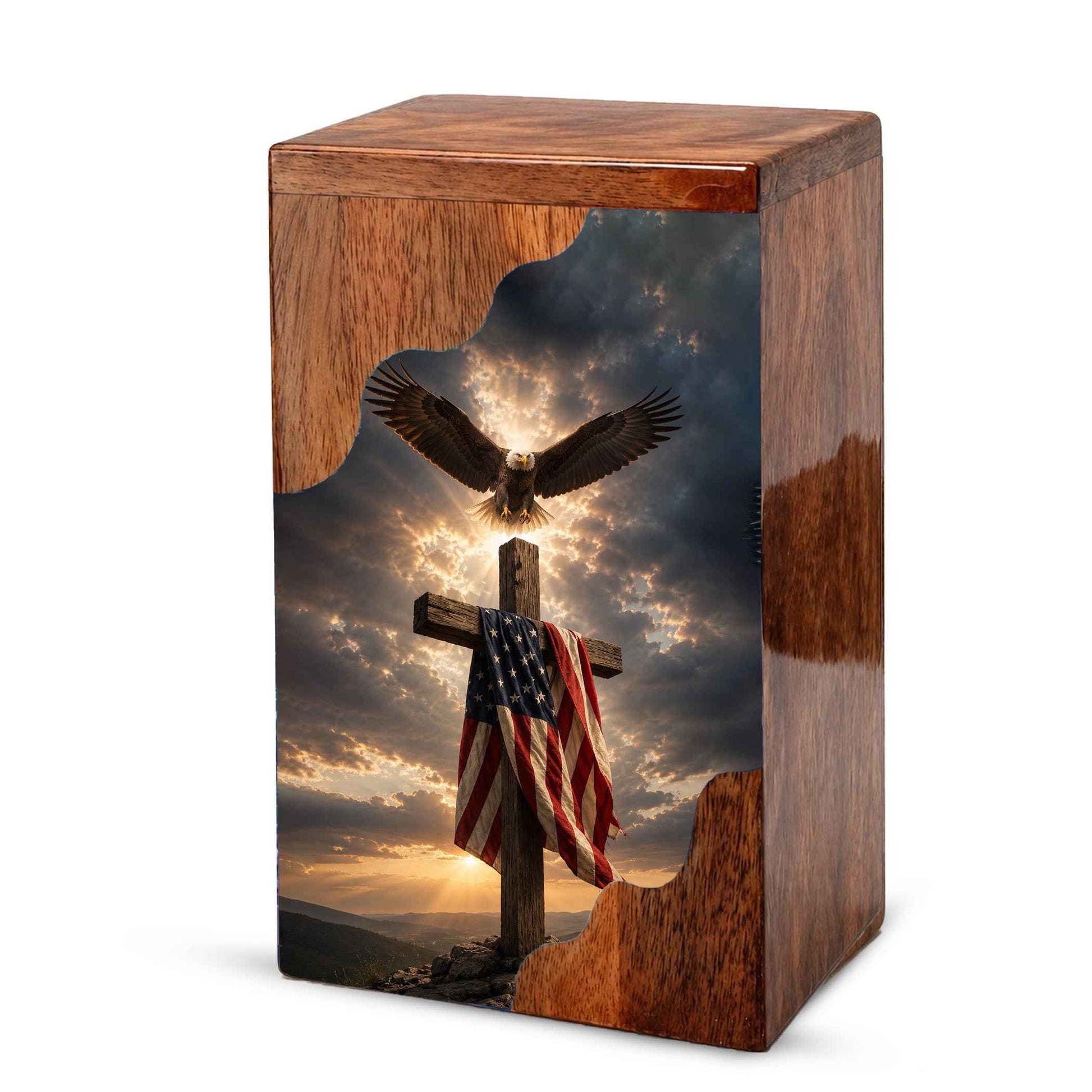 Christian Cross Wooden Cremation Urn for Human Ashes | Patriotic Religious Memorial Urn