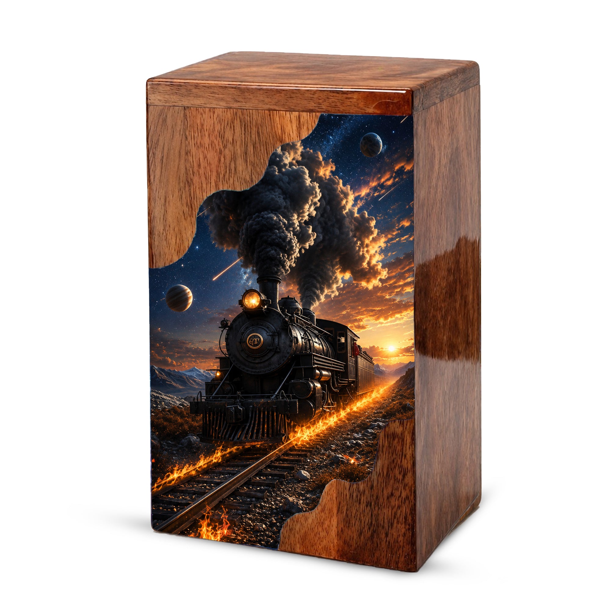 Steam Train Wooden Cremation Urn for Human Ashes | Personalized Railroad Memorial Urn