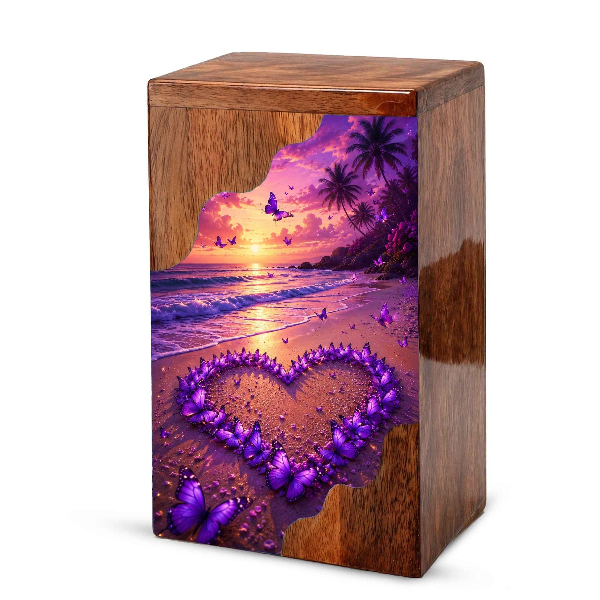 Butterfly Wooden Cremation Urn | Wooden Urn for Human Ashes | Purple Butterfly Urn