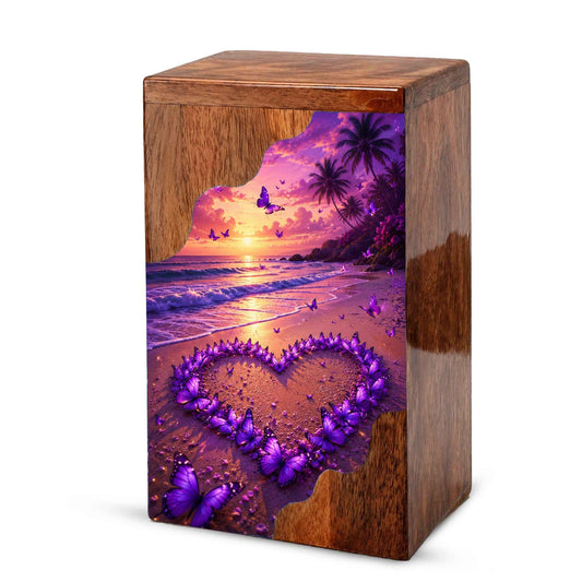 Butterfly Wooden Cremation Urn | Wooden Urn for Human Ashes | Purple Butterfly Urn