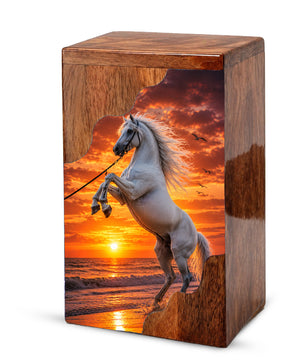 Sunset Horse Wooden Cremation Urn – Ocean Memorial Urn for Human Ashes