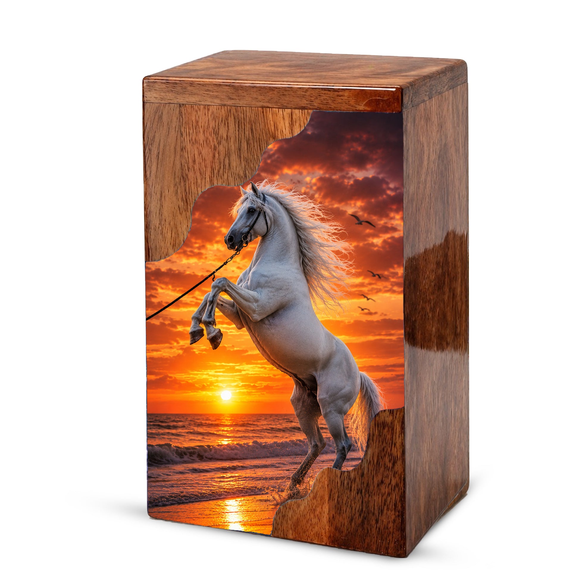 Sunset Horse Wooden Cremation Urn – Ocean Memorial Urn for Human Ashes