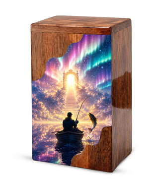 Northern Lights Fishing Wooden Cremation Urn – Personalized Memorial Urn for Human Ashes