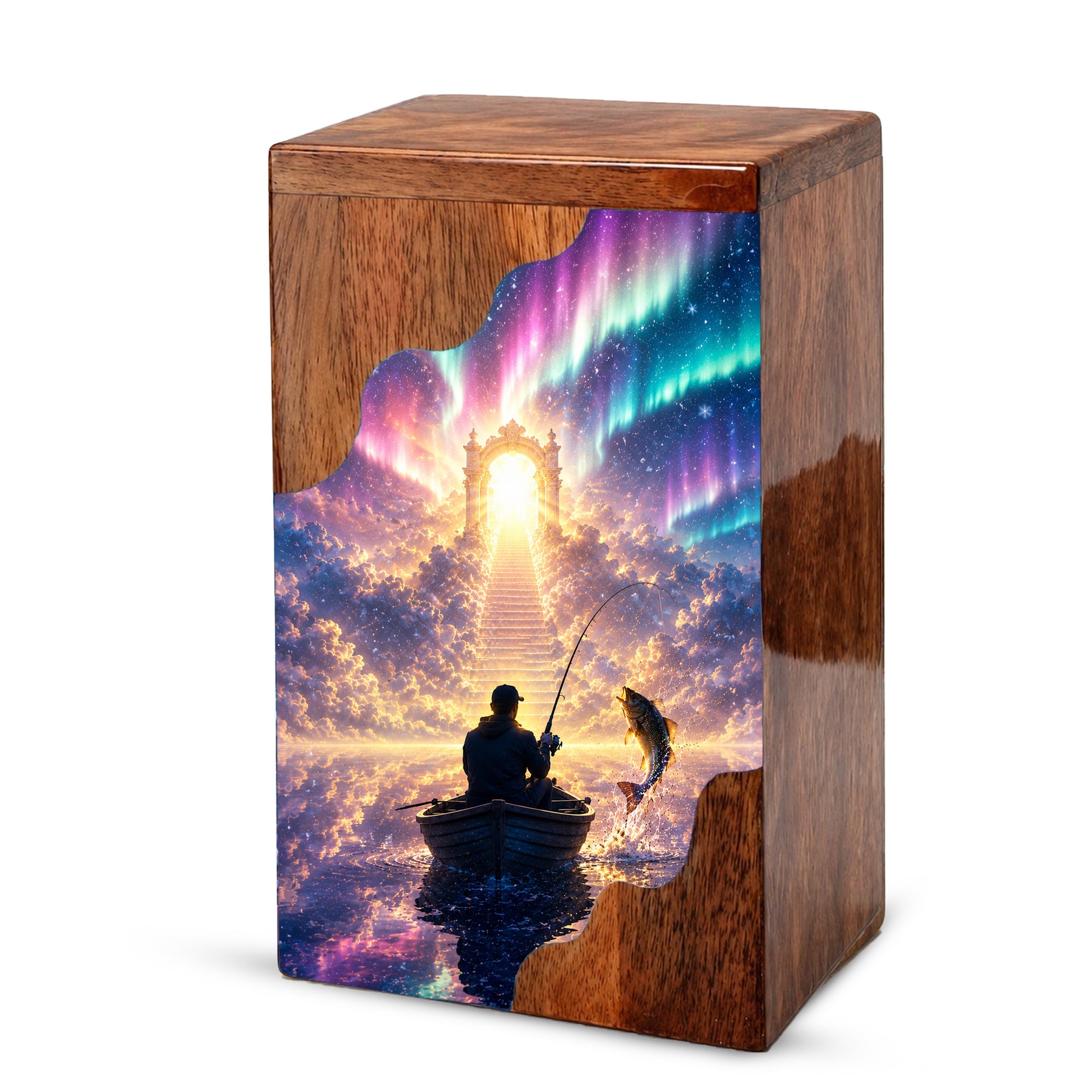 Northern Lights Fishing Wooden Cremation Urn – Personalized Memorial Urn for Human Ashes