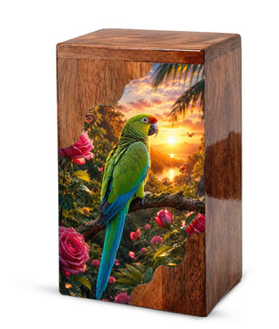 Tropical Parrot Wooden Cremation Urn – Personalized Memorial Urn for Human Ashes