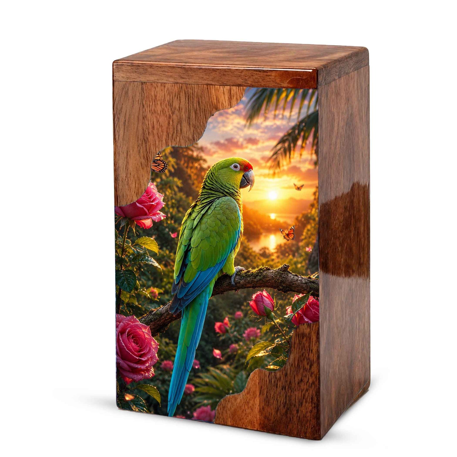 Tropical Parrot Wooden Cremation Urn – Personalized Memorial Urn for Human Ashes