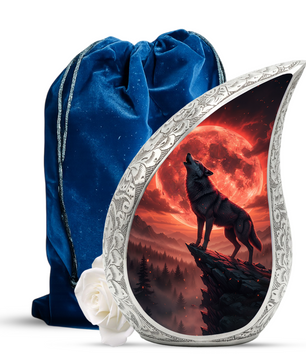 Crimson Moon Wolf Personalized Cremation Urn – Teardrop Memorial Urn for Ashes | 10 Inch